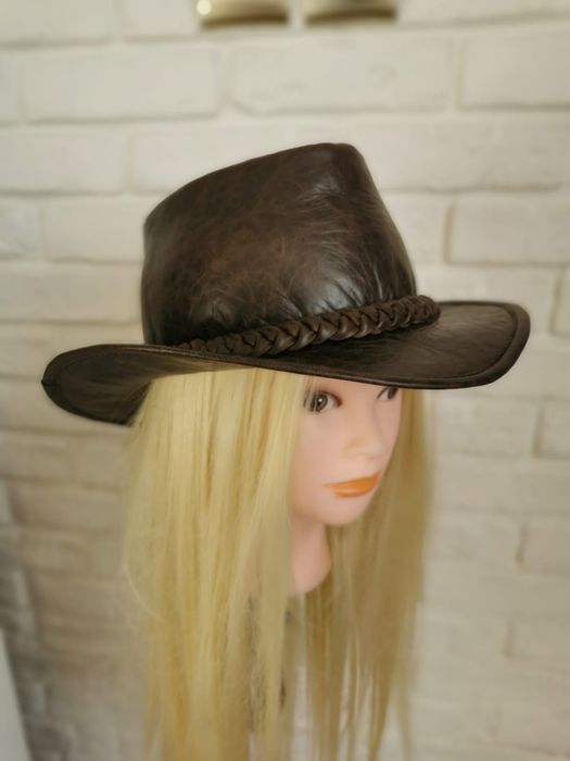 Kapelusz skórzany brązowy z warkoczem