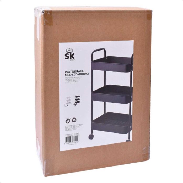 Carrinho arrumação em metal com 3 prateleiras, cores preto ou branco