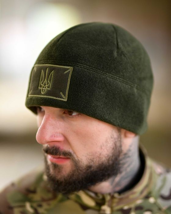 Тепла тактична флісова шапка з гербом України Олива Без передоплати