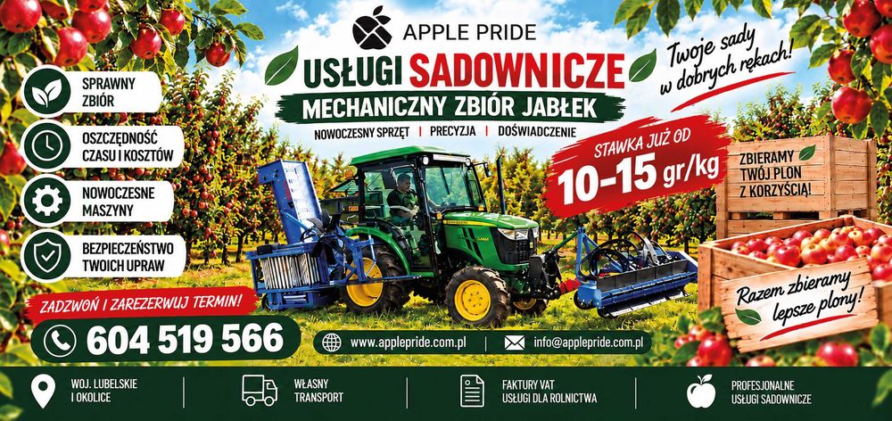 Mechaniczny zbiór JABŁEK kombajn krótkie terminy otrząsanie  USŁUGI ROLNICZNE