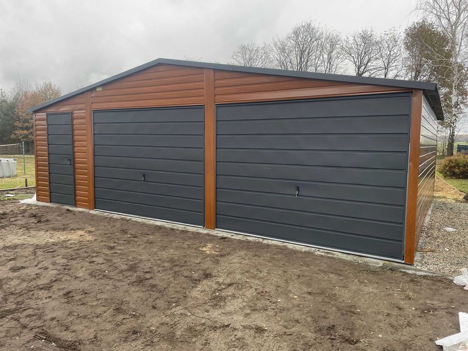 Garaż Blaszany 8x5 drewnopodobny dwuspadowy, bramy uchylne PREMIUM