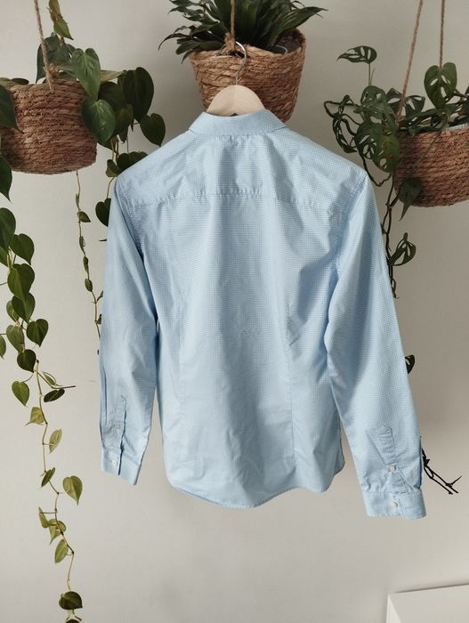 Bawełniana koszula męska, błękitna, w groszki, slim fit r.S/M Selected