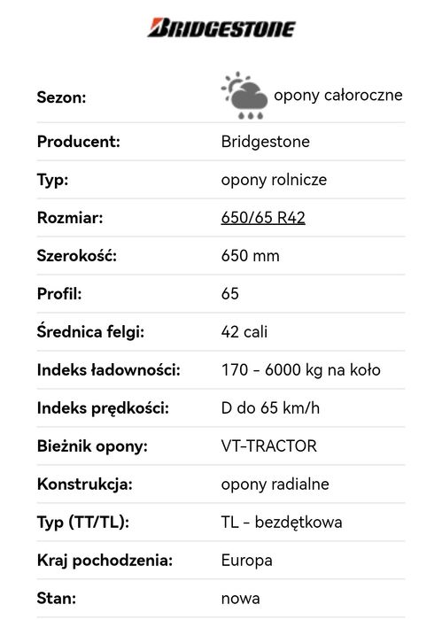 Opona VF 650/65R42 NRO Bridgestone VAT-Tractor #