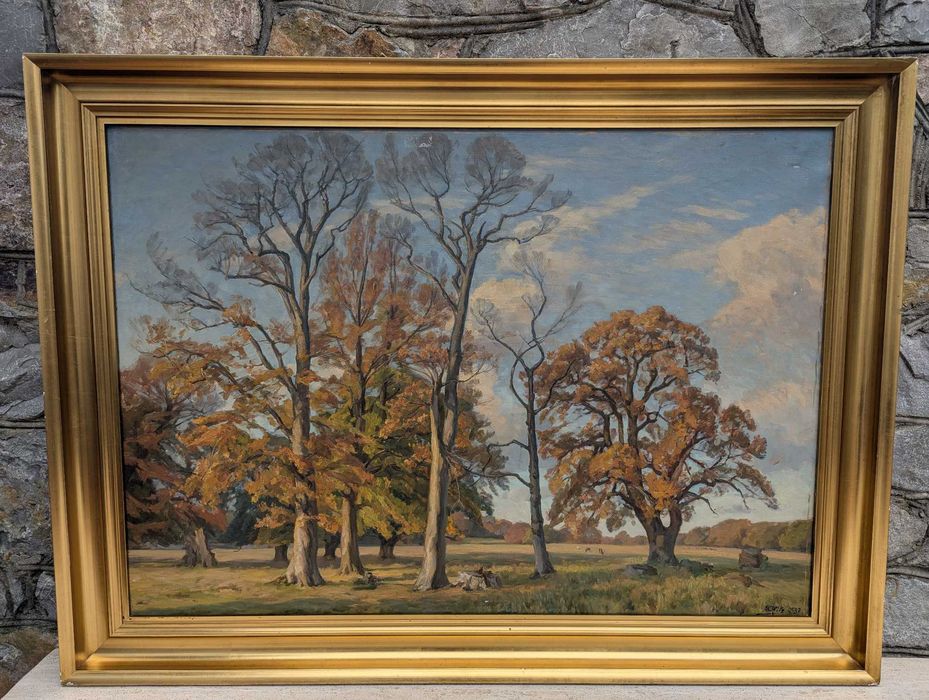 R.Fritz 1937r. "Dyrehaven" Pejzaż Olejny Złota Rama