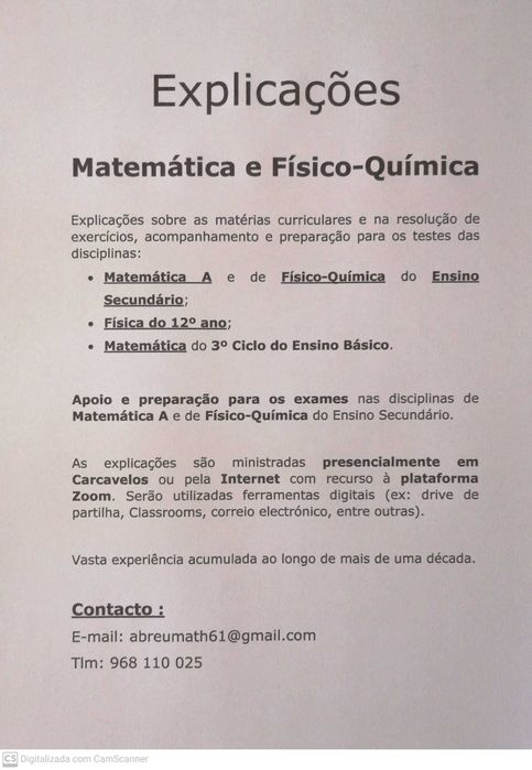 Explicações de Matemática e de Físico-Química
