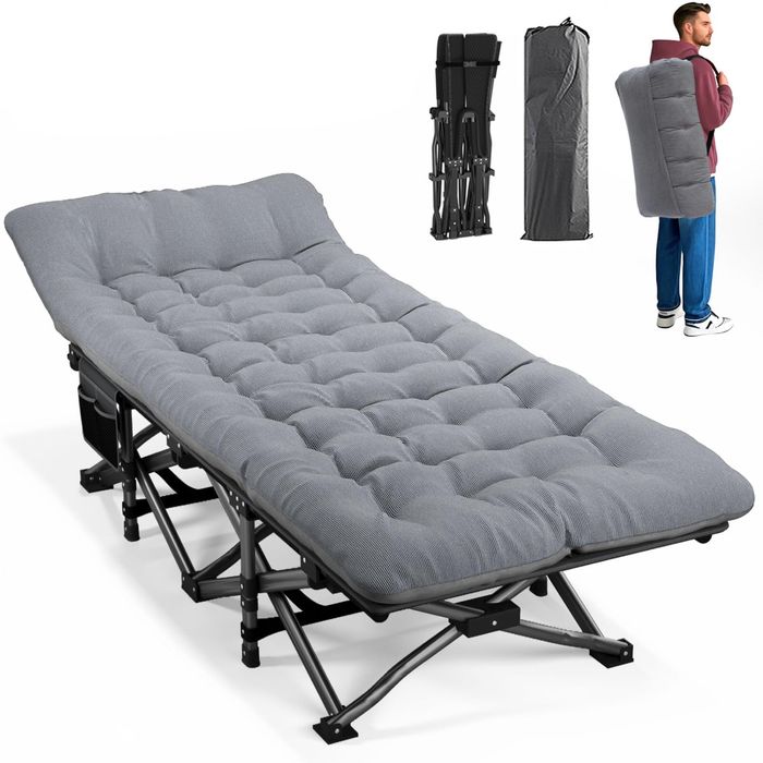 Łóżko kempingowe ATORPOK SHOP, składane łóżko gościnne do 200 kg, z kieszenią boczną, przenośne leżanki kempingowe, na zewnątrz, do ogrodu (szary)