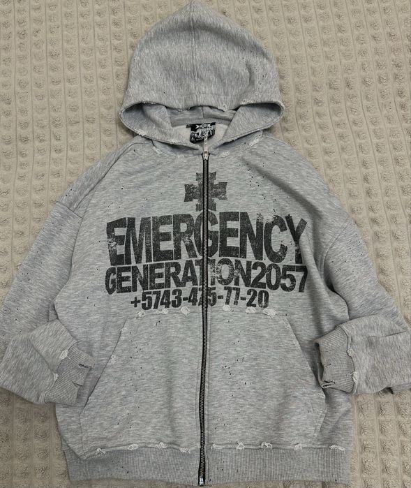 Grey Melange Zip-Up Hoodie "EMERGENCY GENERATION 2057"