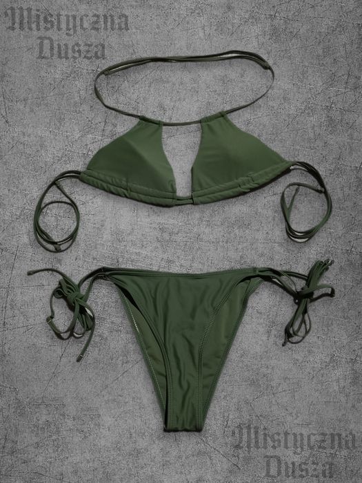 Strój kostium kąpielowy bikini dwuczęściowy khaki wiązany ściągający biust