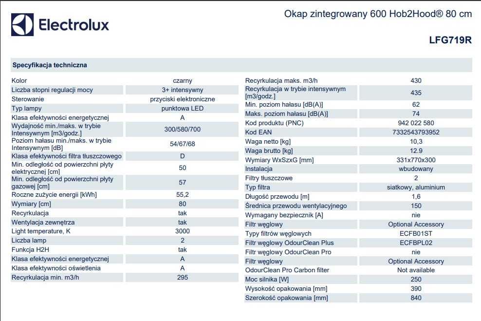 Nowy Okap Electrolux 600 LFG719R Czarny