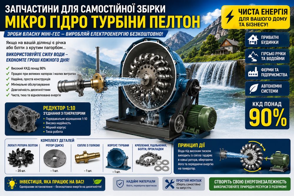 Запчастини для самостійної збірки мікро ГЕС – Гідротурбіна Пелтон | Лопаті ротора | Редуктор 1:10 консультація по збірці