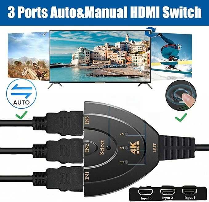 Interruptor HDMI 4K, adaptador HDMI de 3 entradas, 1 saída