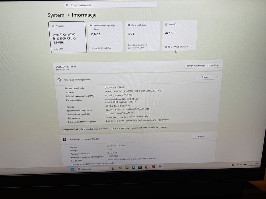 Laptop Dell G15 5510 i5-10gen 16GB /SSD 512GB / GTX 1650  15,6 Win 11