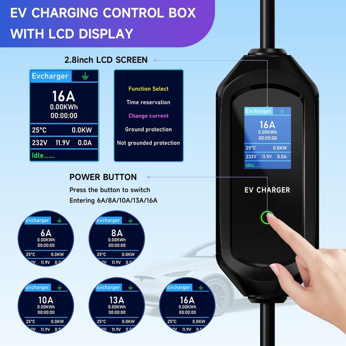 Зарядний пристрій AFYEEV для Tesla NACS 7 кВт 32А Wi-Fi кабель 5м EV Charger регулювання 6–32A LCD дисплей CEE Blue 230V