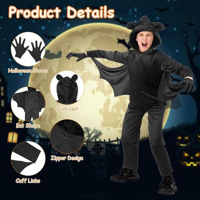 Strój Kostium Nietoperza 6-8 lat Czarny Halloween Peleryna Kombinezon