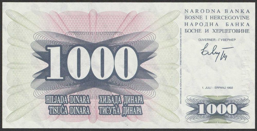 Bośnia i Hercegowina 1000 dinarów 1992 - JA - stan bankowy UNC