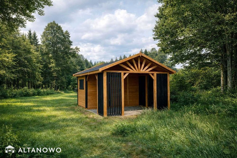 Drewniany domek letniskowy z altaną ogrodowy | producent | montaż