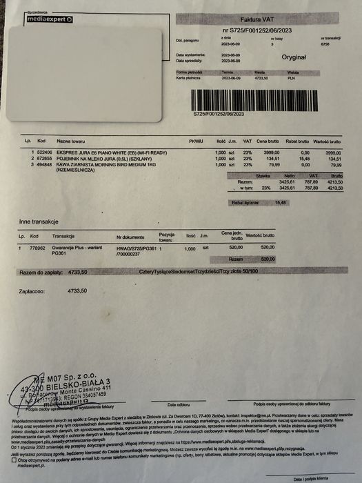 Ekspres ciśnieniowy JURA E6 na gwarancji z pojemnikiem na mleko