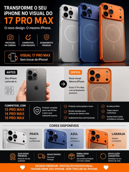 Transforme o seu iPhone no Visual do iPhone 17 Pro Max | Capa Premium MagSafe | 13/14/15 Pro Max