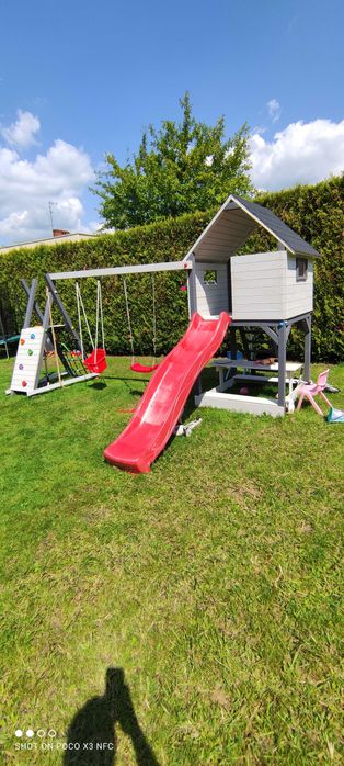 Drewniany plac zabaw, huśtawki, wspinaczka, zjeżdżalnia, domek, MONTAŻ