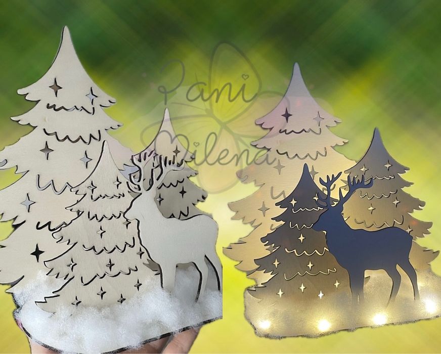 Stroik dekoracja zima święta drewniany z podświetleniem choinki