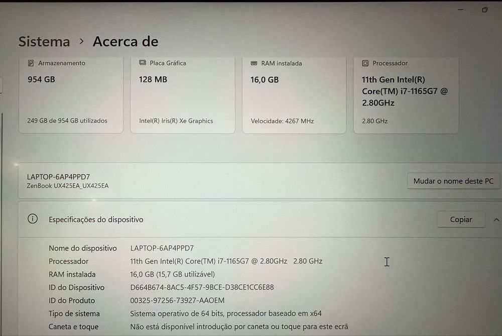ASUS Zenbook 14 (UX425EA) i7 1TB 16GB RAM como novo, sem marcas de uso