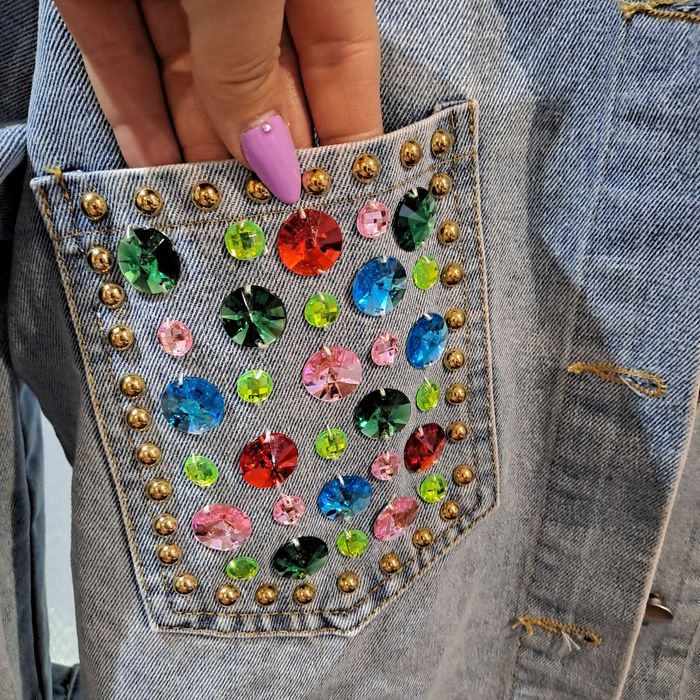 Piękna Miękka Błękitna Katana Kurtka Jeansowa Cyrkonie Perły M/L