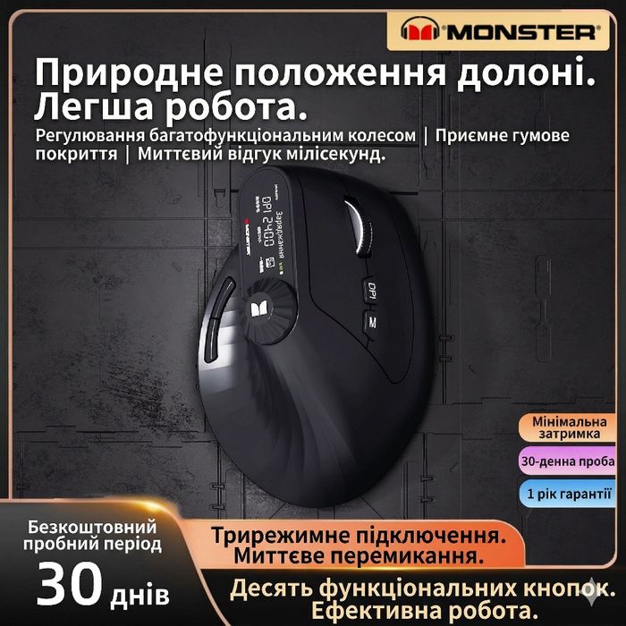 Monster m2 max — флагманська вертикальна бездротова миша з oled-екраном та смарт-кнобом
