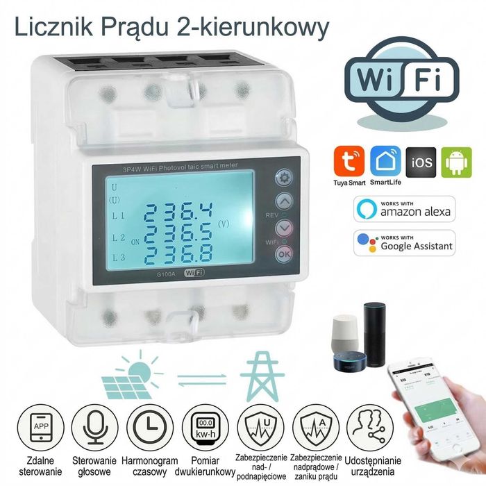 Licznik Prądu 3 Faz 100A 400V DIN 2-kierunkowy TUYA WiFi Fotowoltaika