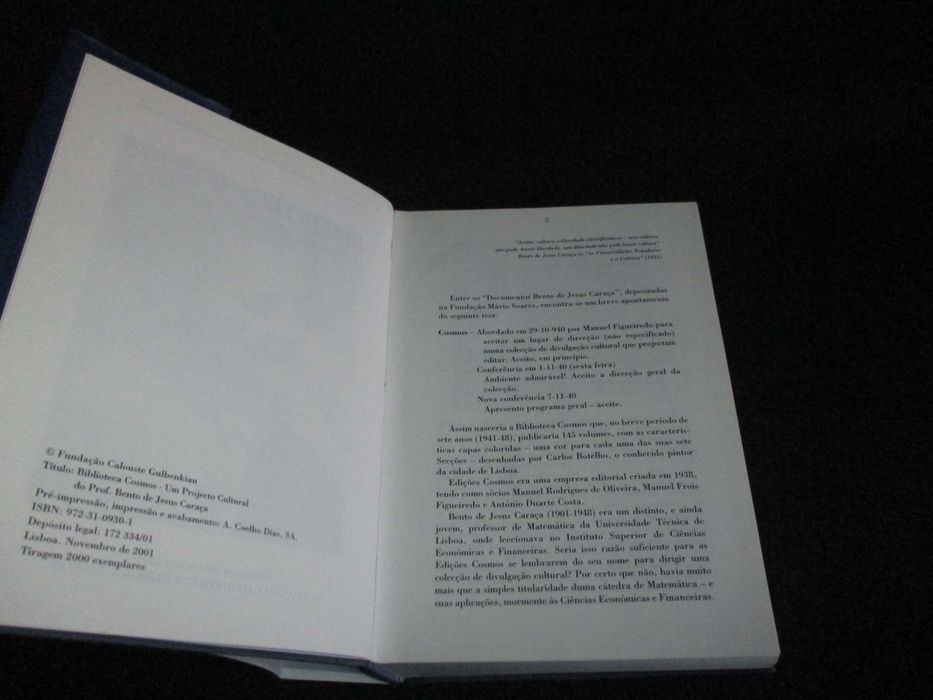 Livro Biblioteca Cosmos Um Projecto Cultura Prof Bento De Jesus Caraça