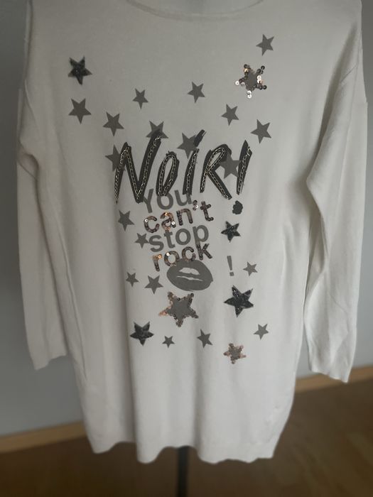 Sweter damski biały dłuższy,  gwiazdki cekiny uniwersalny Glam Amour