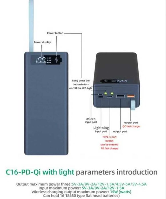 Павербанк, 16*18650 QC PD 3.0 USB Type C на гвинтах