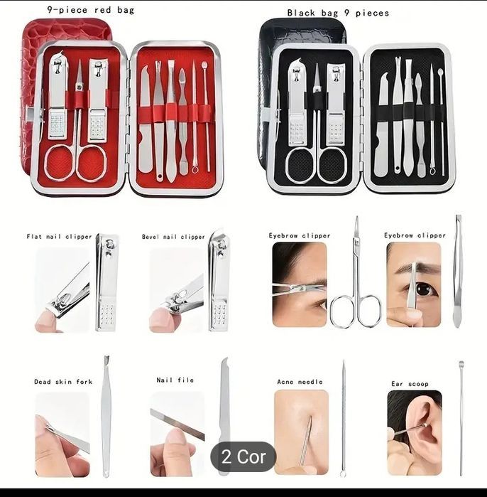 Conjunto de Manicure e pedicure com 9 peças, disponível em 2 cores.