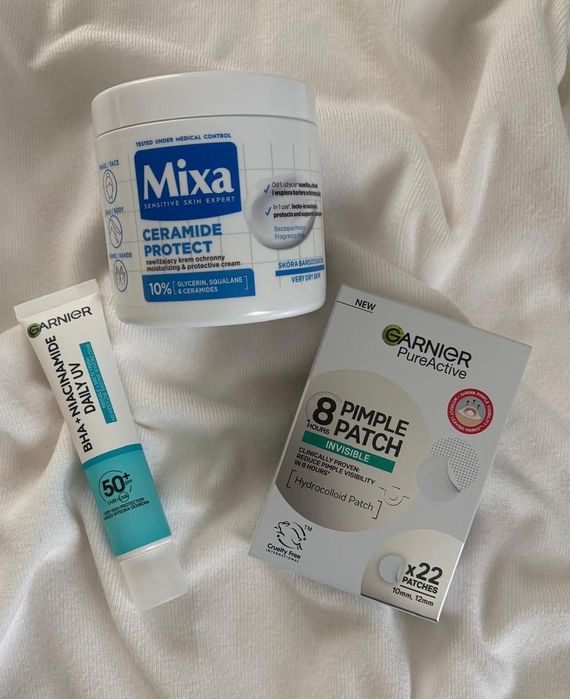 Zestaw Garnier + Mixa pielęgnacja twarzy | SPF 50, Niacynamid, plastry