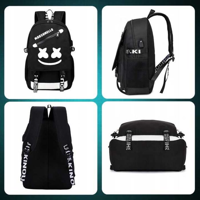 PLECAK SZKOLNY świecący marshmello usb kłódka