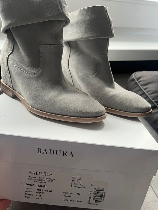 Botki szare Badura ukryty koturn roz.39 jak Nowe