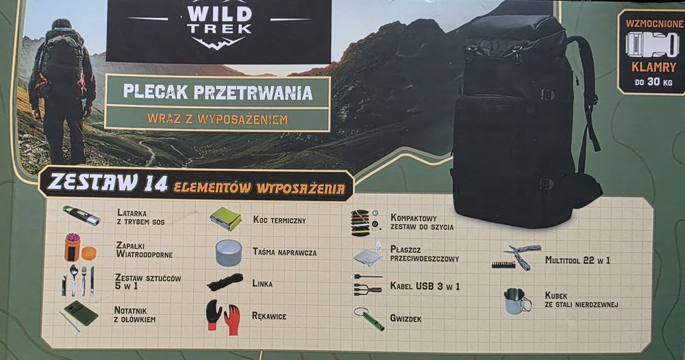 Plecak taktyczny, przetrwania z wyposażeniem 14 elementów