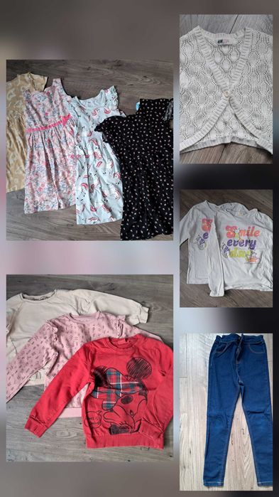 Zestaw, paka 134 dla dziewczynki. Sukienki, bolerko, bluzy, jeansy.