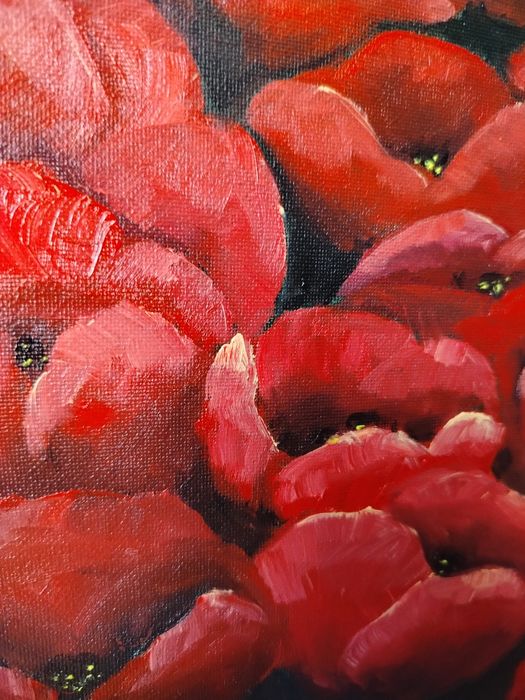 Duży obraz olejny "Pole maków" w pięknej złotej ramie - 90/70 cm