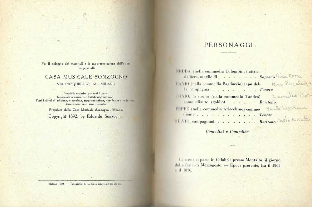 R Leoncavallo Casa Pagliacci Musicale Sonzogno Milano 1930