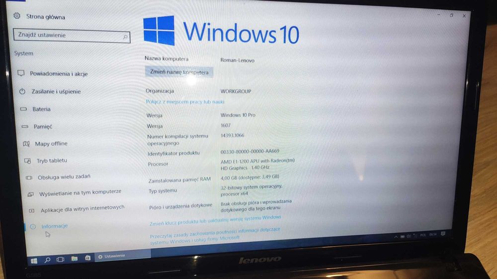 Laptop Lenovo G585 E1-1200M/4GB/500/DVD-RW/Win10