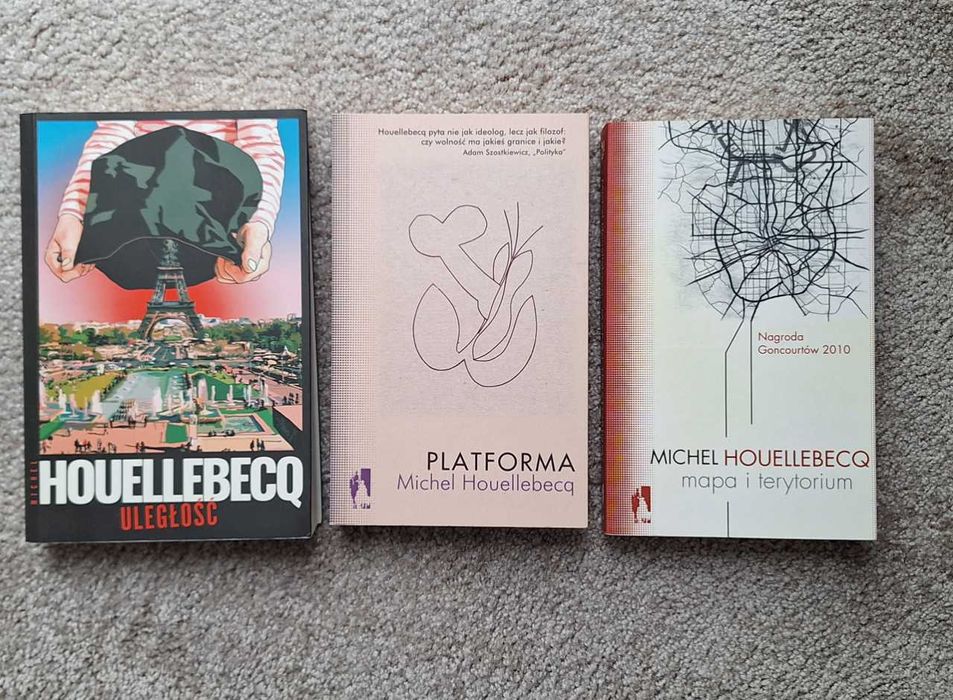 3 książki Michel Houellebecq, Uległość, Platforma, Mapa i Terytorium