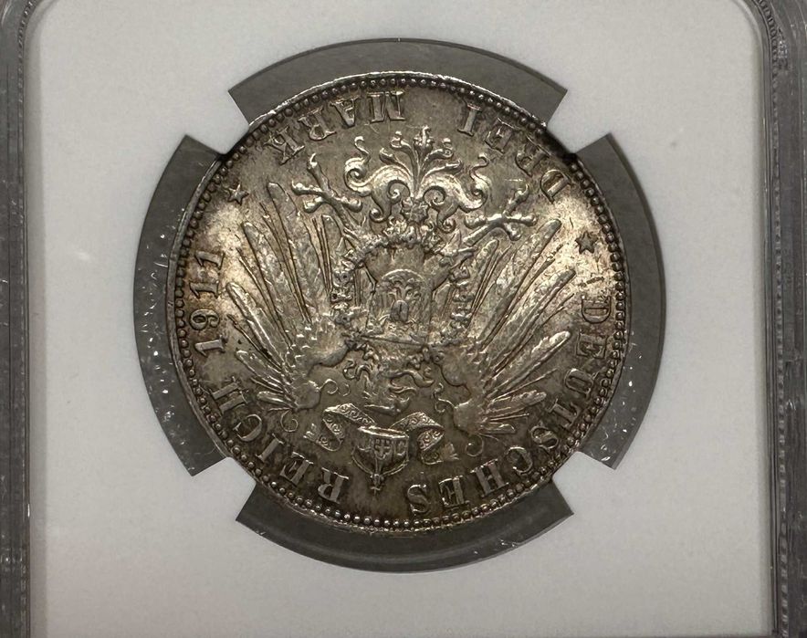 Срібна монета 3 марки Німецька імперія Баварія 1911 Луітпольд NGC MS-64