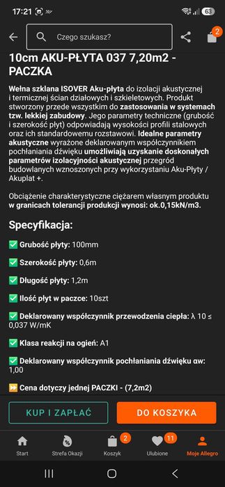 Wełna isover 10cm