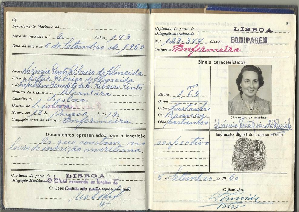 MARINHA - Antiga - 1960 - Cédula de Inscrição de Tripulante - Enfermeira - SELOS ISN