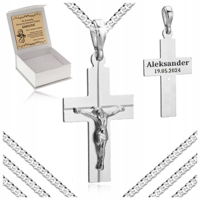 Srebrny Łańcuszek Komunijny + Krzyżyk Chrystus Srebro Pr. 925 + Grawer