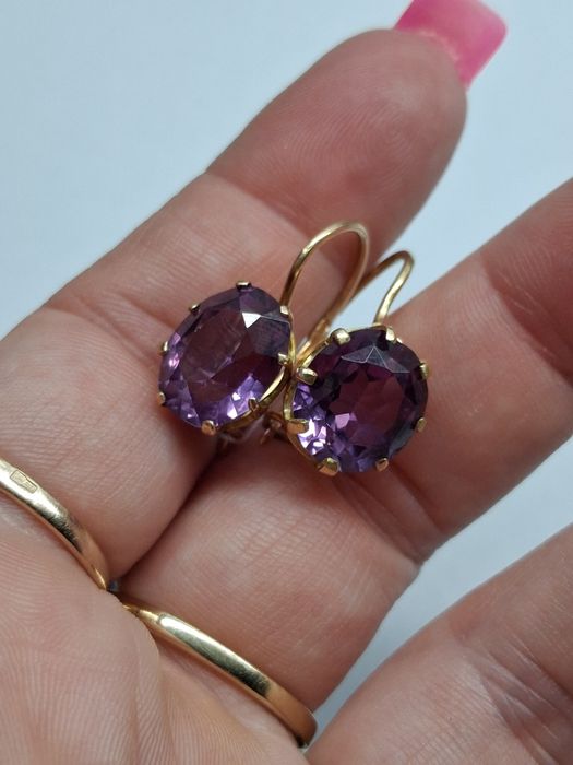 Золотые серьги с аметистом советское золото 583