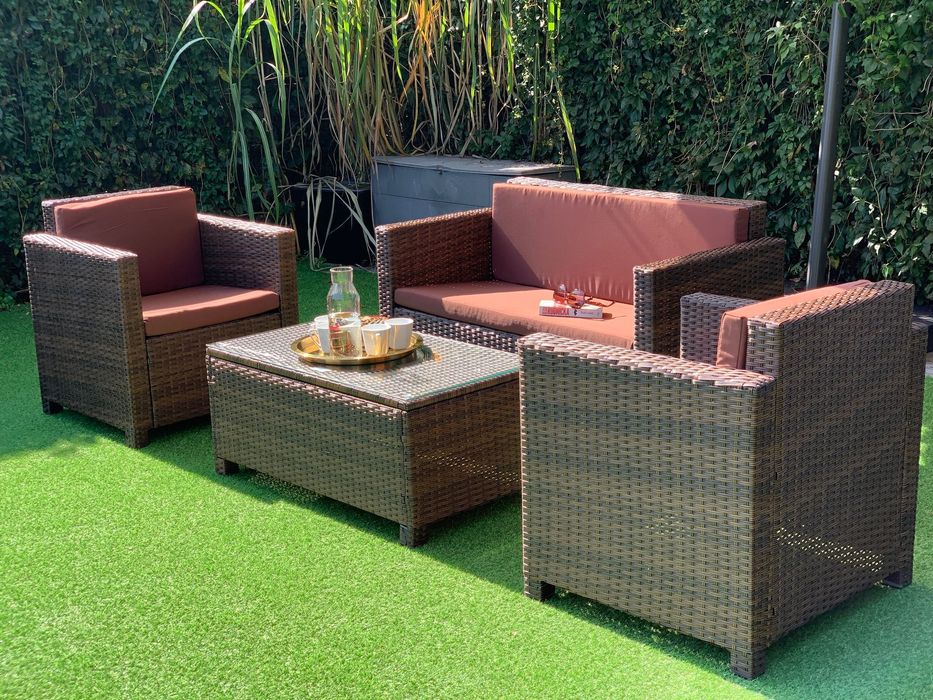 (ZG) Nicea zestaw technorattan sz/br sofa 2xfotel ława