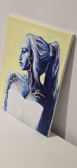 Obraz niebieski kobieta kintsugi  30x40cm portret abstrakcja