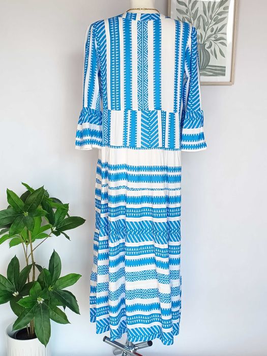 Niebieska sukienka maxi wzory etno 100% wiskoza 38 M boho