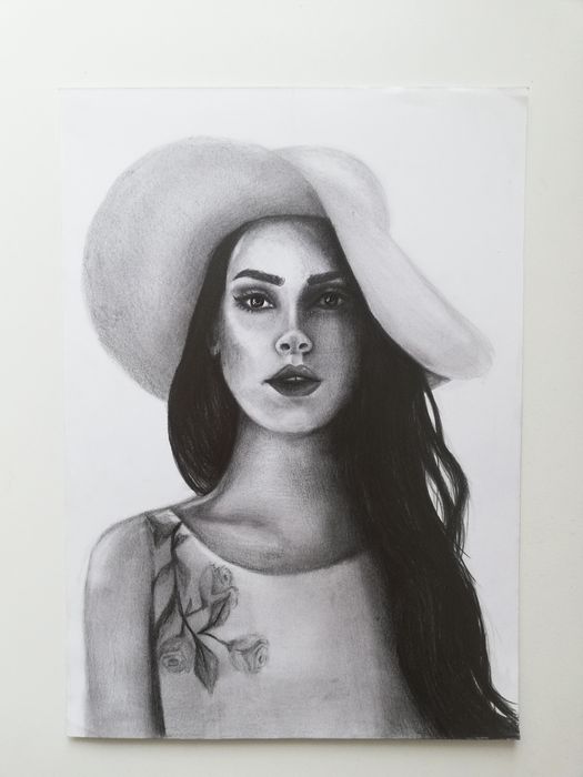 Lana del Rey portret w kapeluszu rysunek ołówkiem oryginał